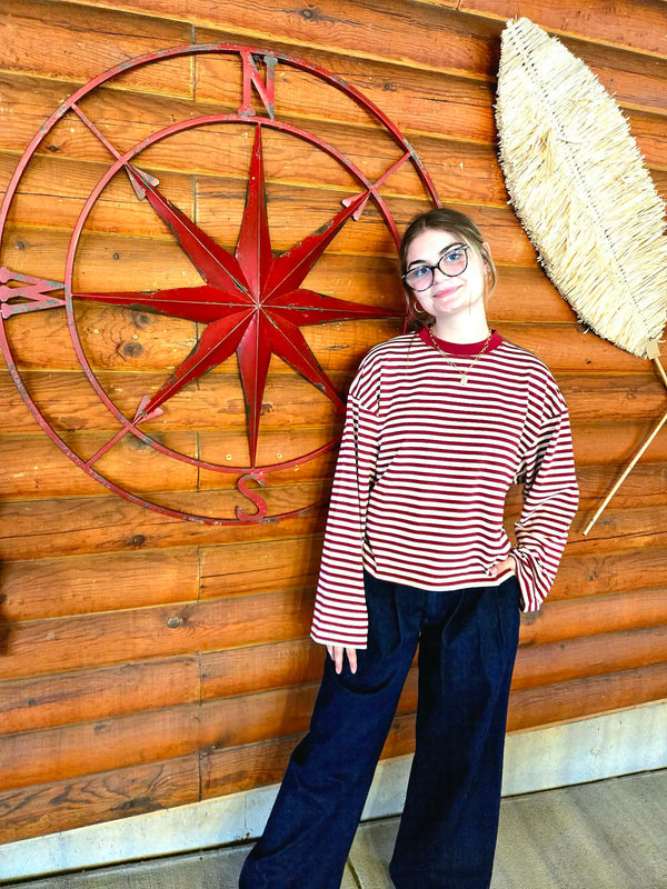 Marlowe Striped Soft Crew Neck Long Sleeve Top | Burgundy