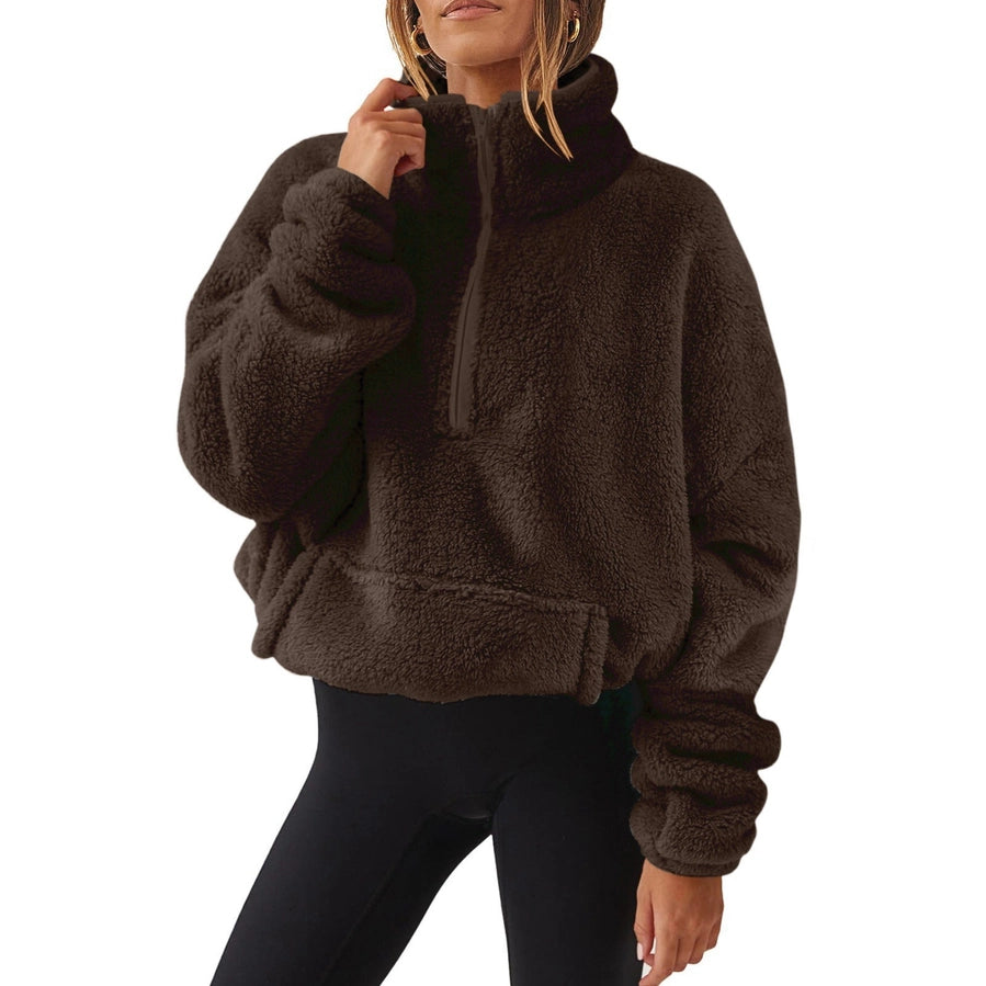 Fuzz and Fleece Half-zip Stand-Up Collar Hoodie | coffee