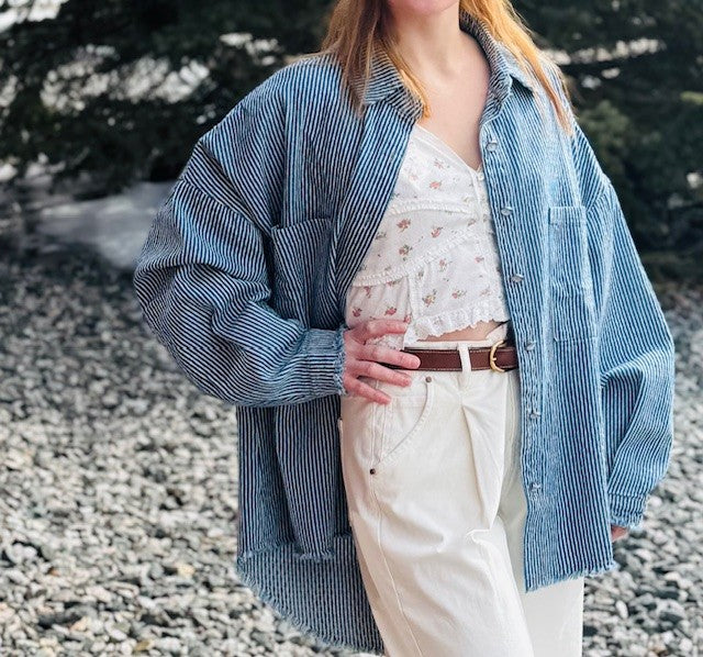 Long Sleeve Stripe Pattern Denim Shirt Top | Stripe Denim