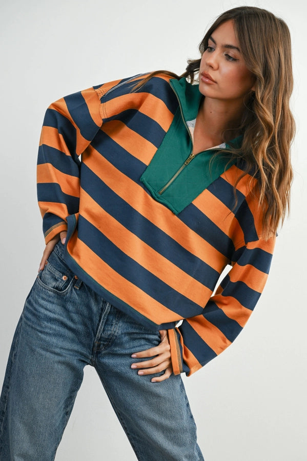 Striped Quarter-Zip Contrast Collar Sweatshirt| Navy/Camel
