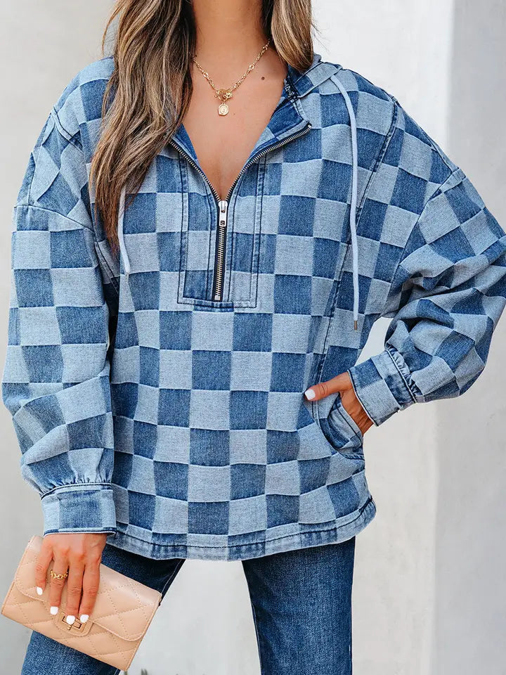 Checkerboard Quarter Zip Denim Hoodie with Pocket | Sky Blue