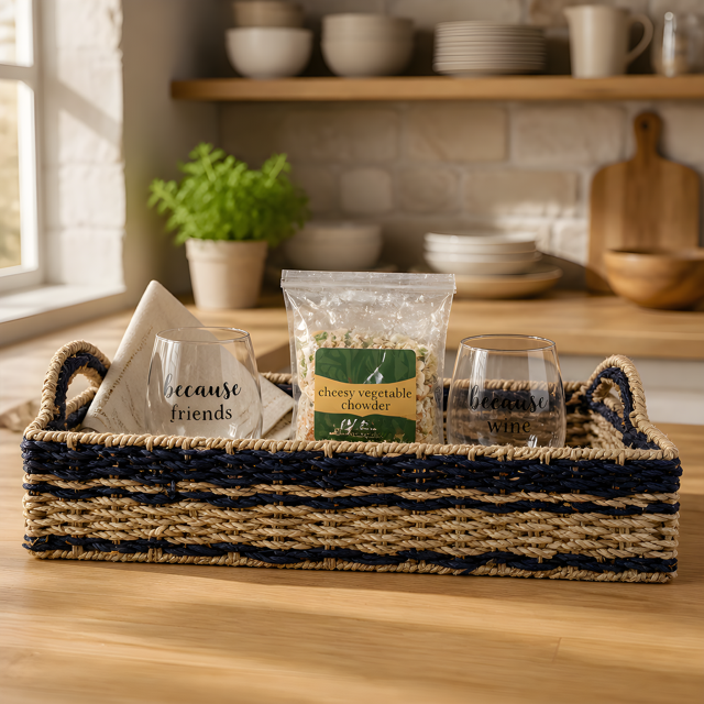 Seagrass & Navy Tray W/Handles