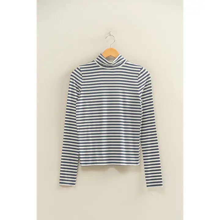 Striped Turtleneck Fitted Long Sleeve Top