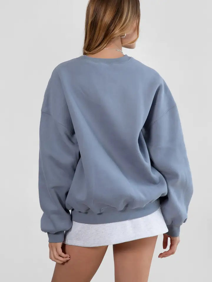 Varsity Plush Fleece Crew Neck Lounge Pullover Sweatshirt | French Blue