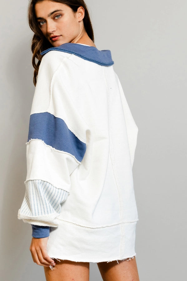 French Terry Knit Color-block Collared Loose Fit Top