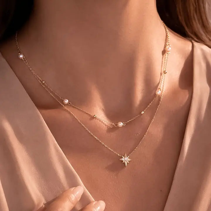 Waterproof Layered Pearl + Crystal Star Charm Chain Necklace