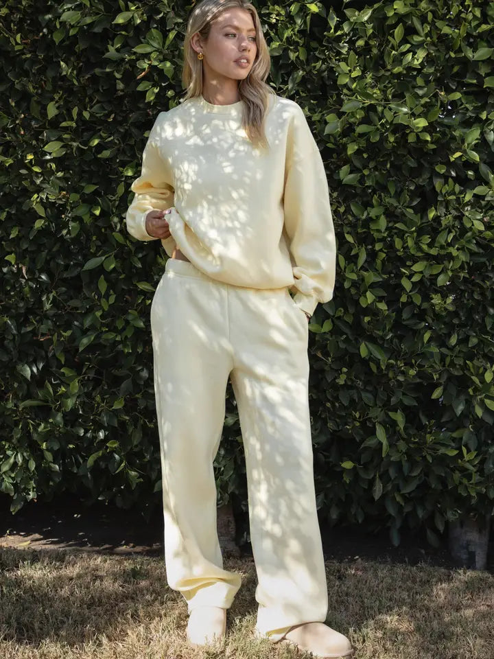Lani Cloud Fleece Wide Leg Sweatpants Stretch Waist & Pocket | Pale Yellow