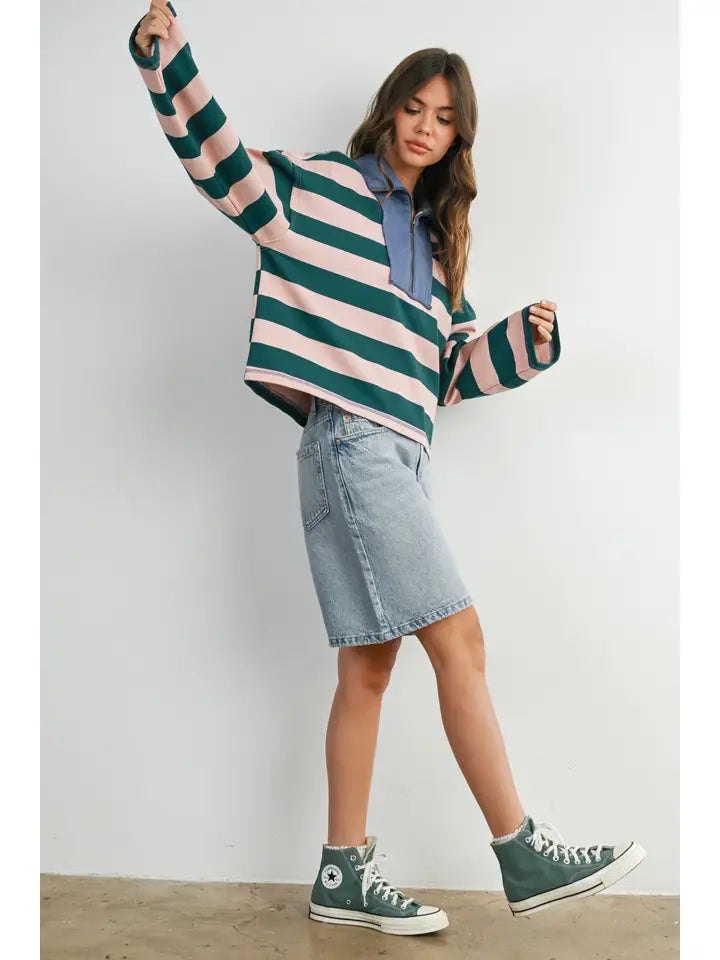 Striped Quarter-Zip Contrast Collar Sweatshirt | Pink/Green