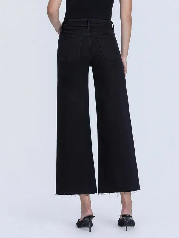 High Rise Raw Hem Crop Jet Black Wide Leg Jeans