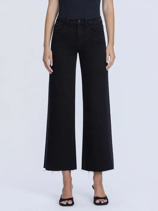 High Rise Raw Hem Crop Jet Black Wide Leg Jeans