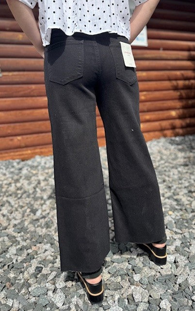 High Rise Raw Hem Crop Jet Black Wide Leg Jeans