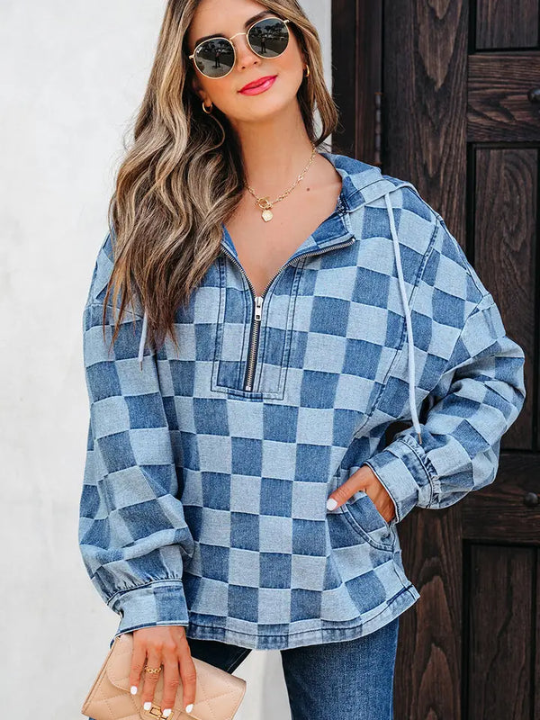 Checkerboard Quarter Zip Denim Hoodie with Pocket | Sky Blue