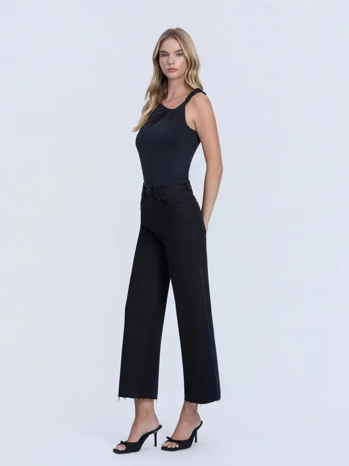High Rise Raw Hem Crop Jet Black Wide Leg Jeans