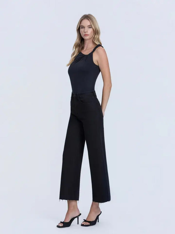 High Rise Raw Hem Crop Jet Black Wide Leg Jeans