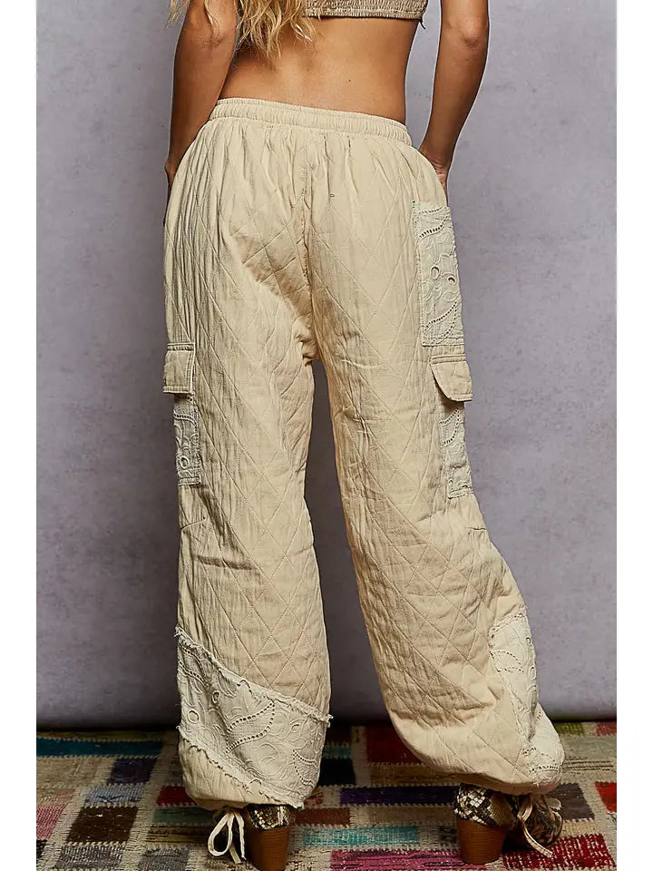 Vintage Washing Solid Lace Patch Quilting Jogger Pants | Cream