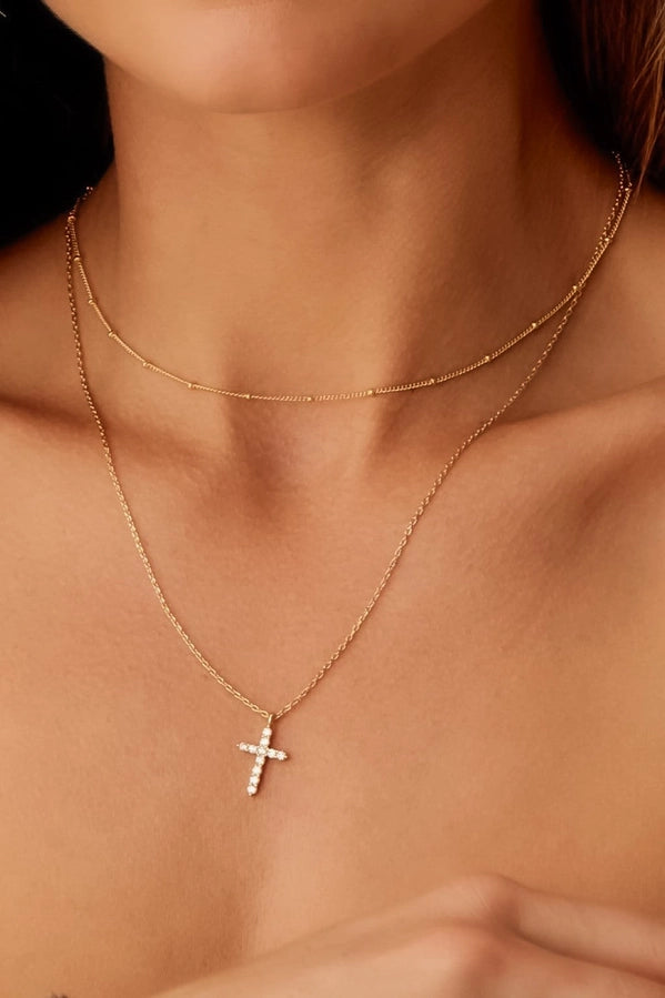 Waterproof Layered Crystal Cross Necklace