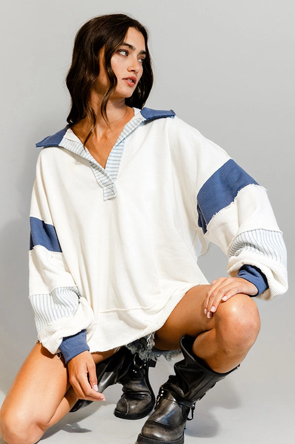 French Terry Knit Color-block Collared Loose Fit Top