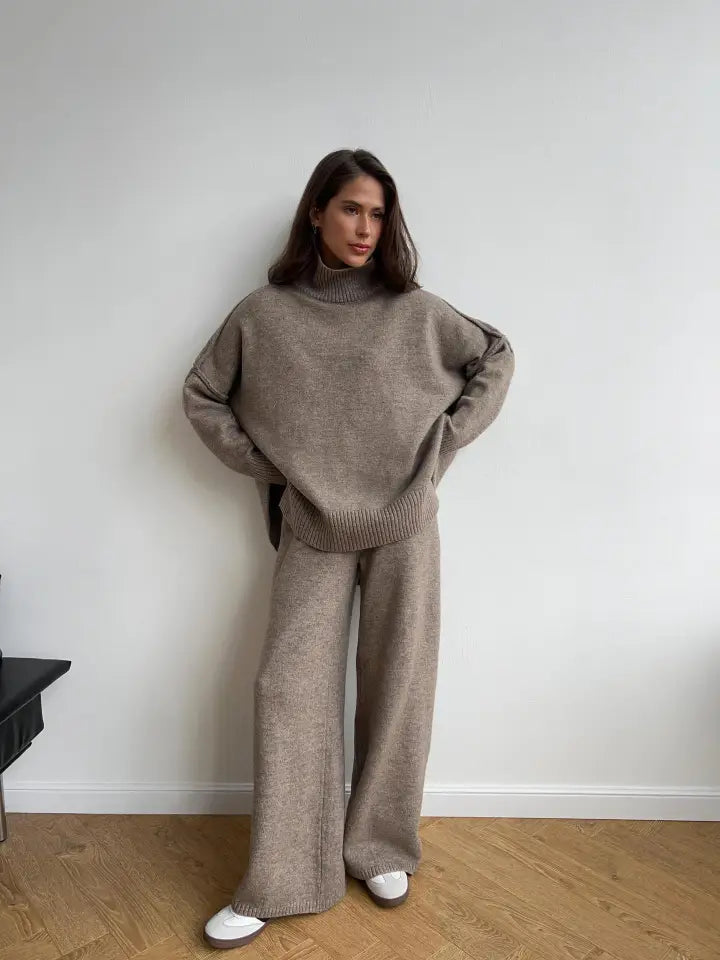 Turtleneck Side Slit Knit Sweater and Wide Leg Pants Set | Dark Khaki