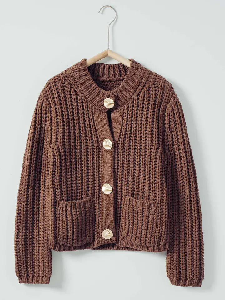 Chunky Gold Button Ribbed Knit Cardigan