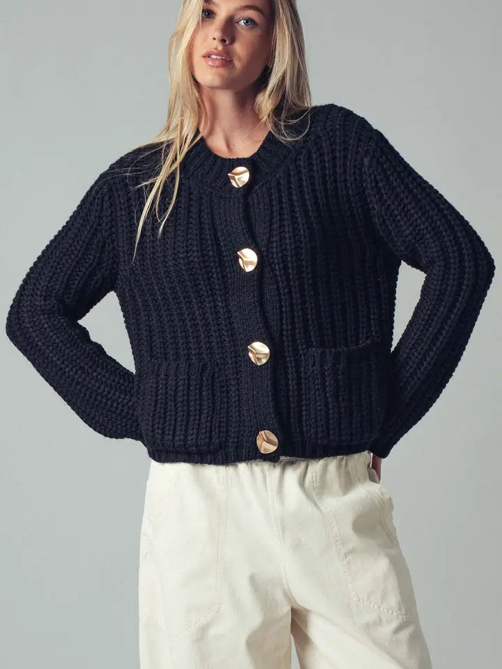 Chunky Gold Button Ribbed Knit Cardigan