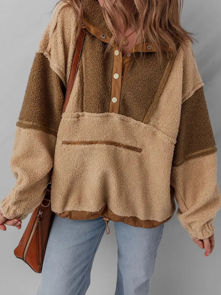 Straw Yellow 2-tone Color Block Patchwork Half Button Sherpa Sweatshirt