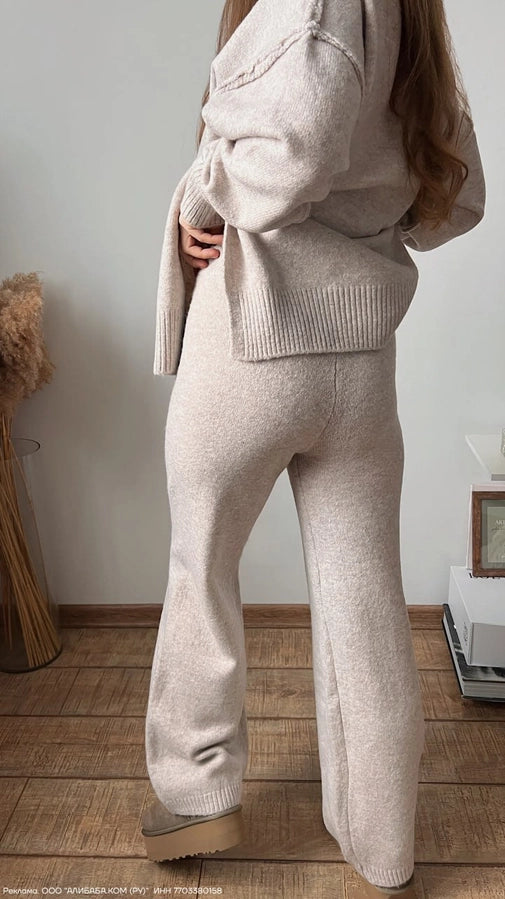 Turtleneck Side Slit Knit Sweater and Wide Leg Pants Set | Light Khaki