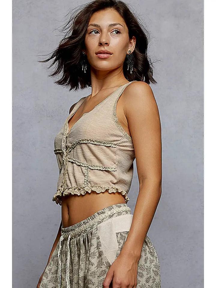 V-Neck Sleeveless Lace Ribbed Knit Top | Almond