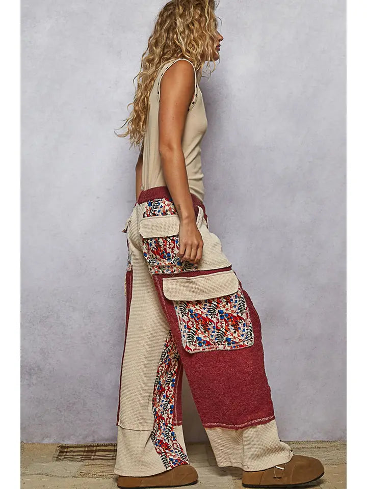 Thermal Quilted Detail Floral Knit Pants | Burgundy