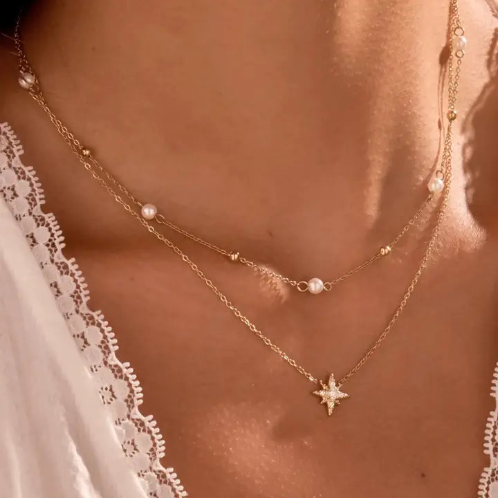 Waterproof Layered Pearl + Crystal Star Charm Chain Necklace