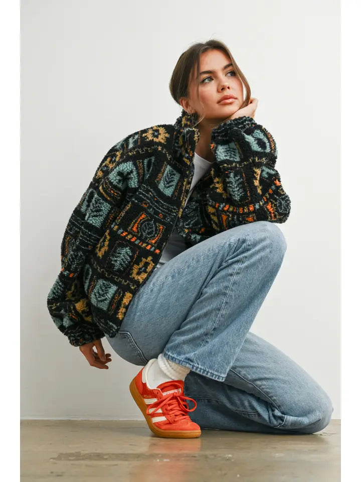 Zip-Up Polar Fleece Mock Neck Long Sleeve Jacket | Black Multi