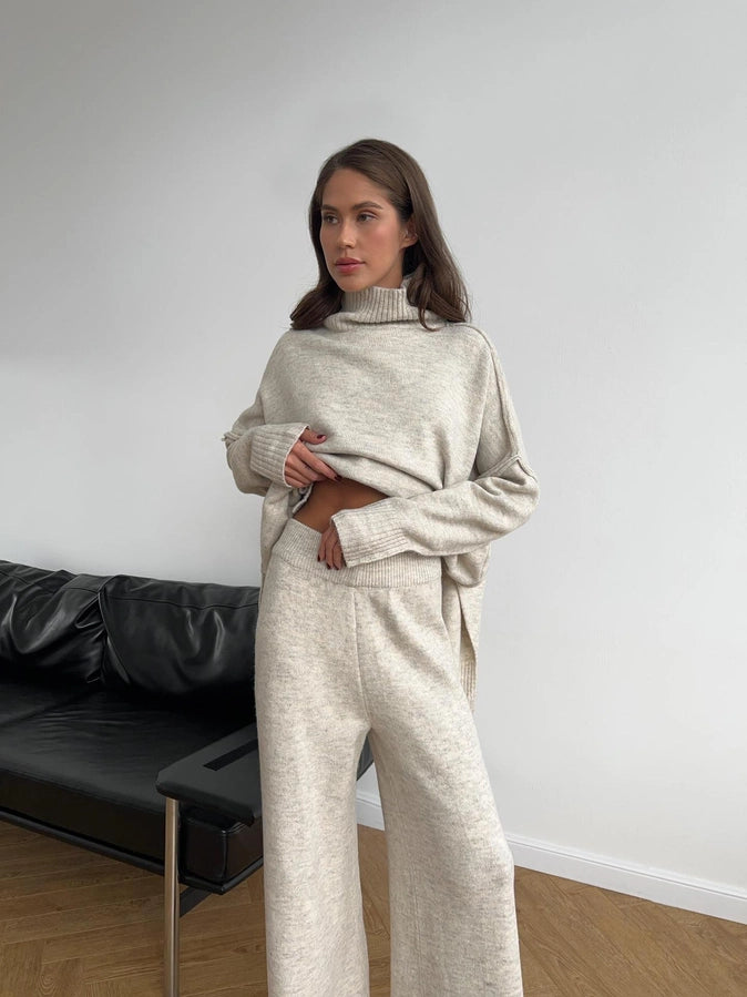 Turtleneck Side Slit Knit Sweater and Wide Leg Pants Set | Light Khaki