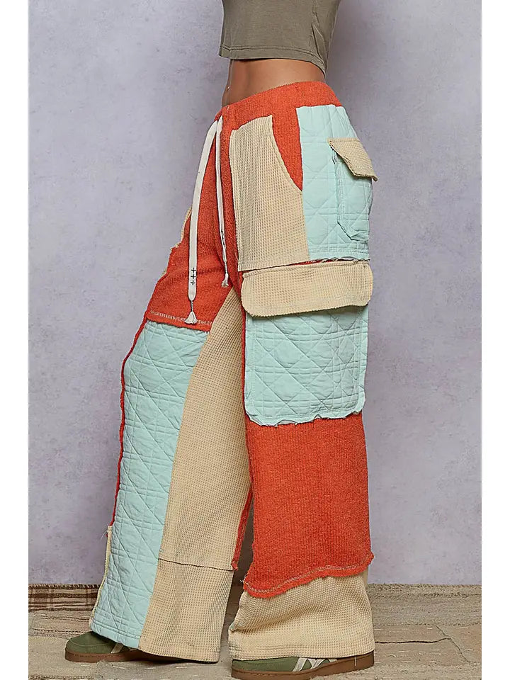 Quilted Contrast Casual Solid Knit Pants | Hot Coral/Mint