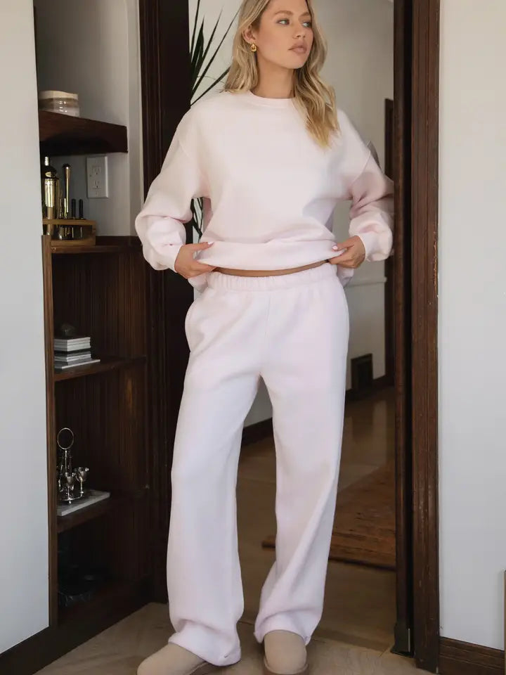 Lani Cloud Fleece Wide Leg Sweatpants Stretch Waist & Pocket | Pale Pink