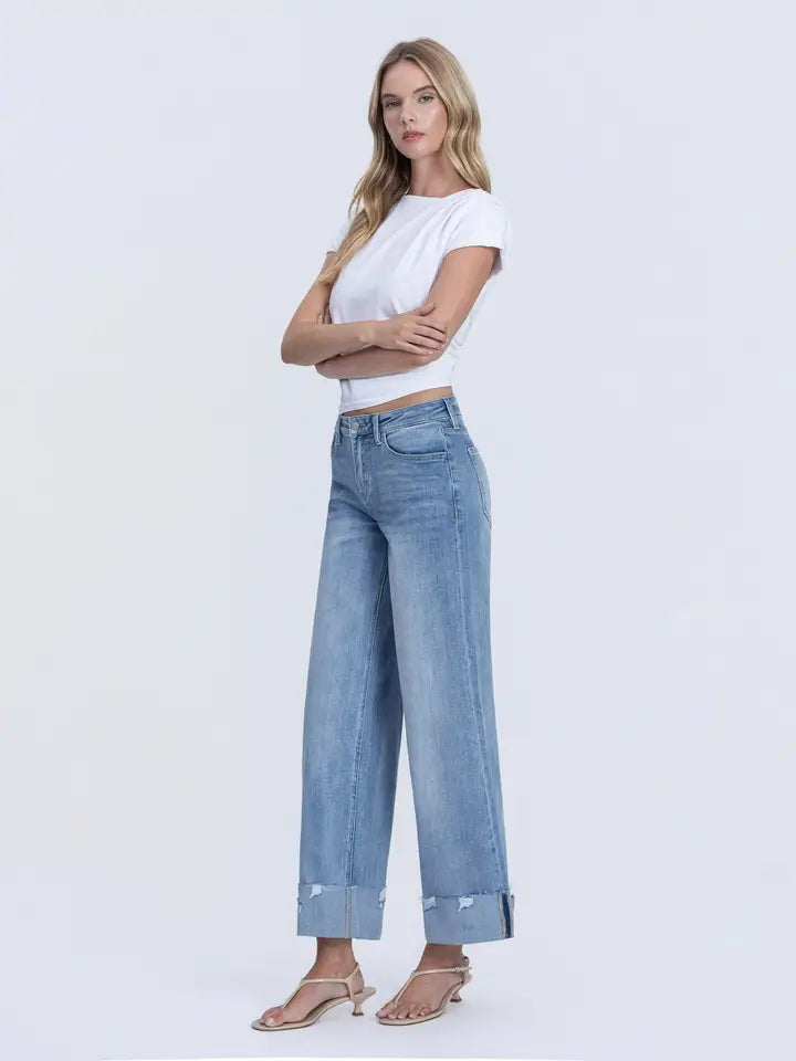 High Rise Medium Wash Cuffed Wide Jeans