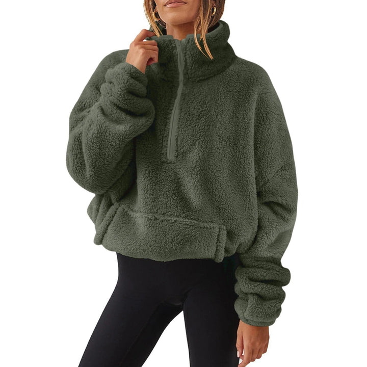 Fuzz and Fleece Half-zip Stand-Up Collar Hoodie | Army Green
