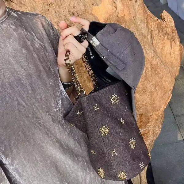 Vintage Studded Denim Shoulder Bucket Bag