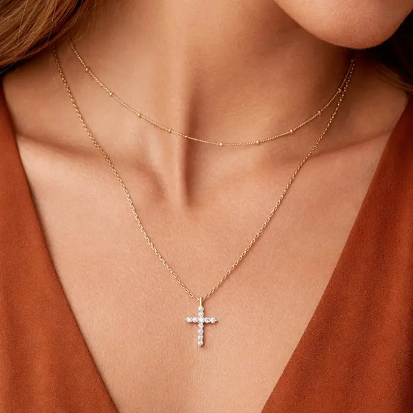 Waterproof Layered Crystal Cross Necklace