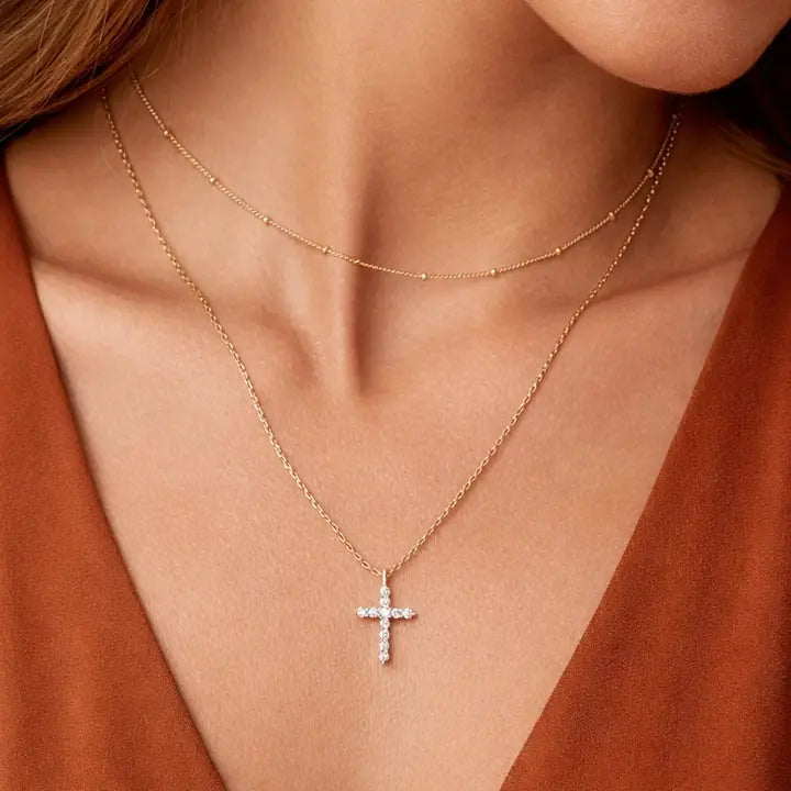 Waterproof Layered Crystal Cross Necklace