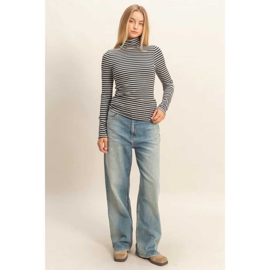 Striped Turtleneck Fitted Knit Top