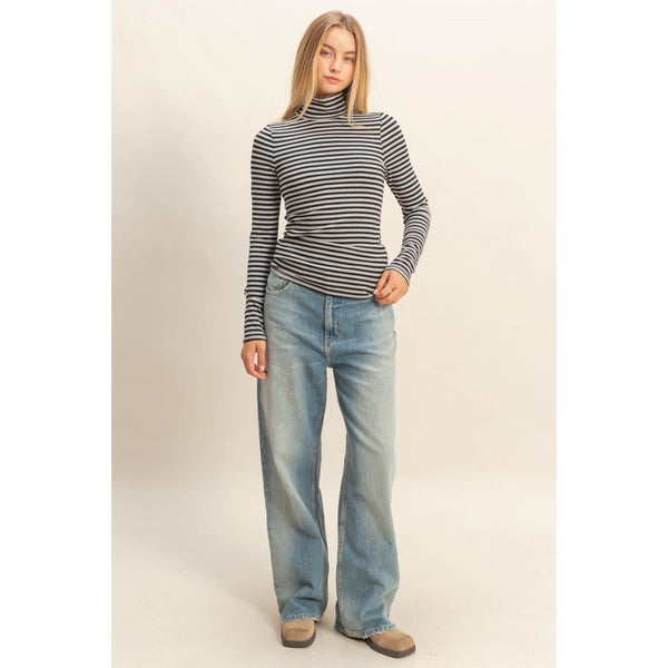 Striped Turtleneck Fitted Knit Top