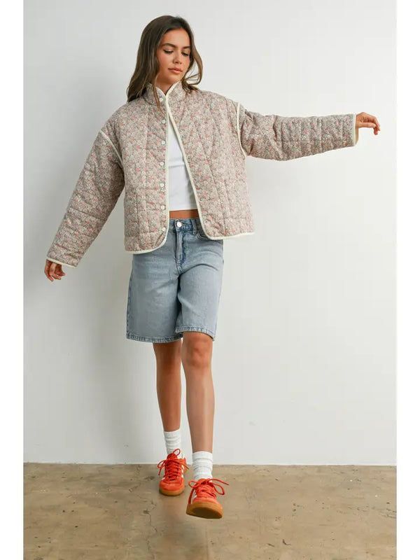 Floar Quilted Jacket With Lightweight BOHO Print | Mauve/Ivory