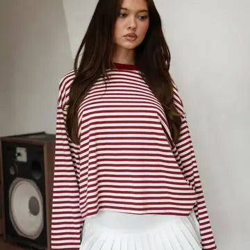 Marlowe Striped Soft Crew Neck Long Sleeve Top | Burgundy