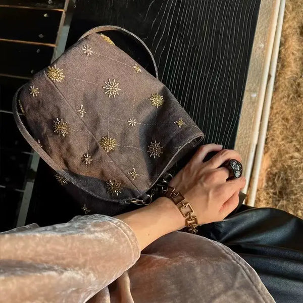 Vintage Studded Denim Shoulder Bucket Bag