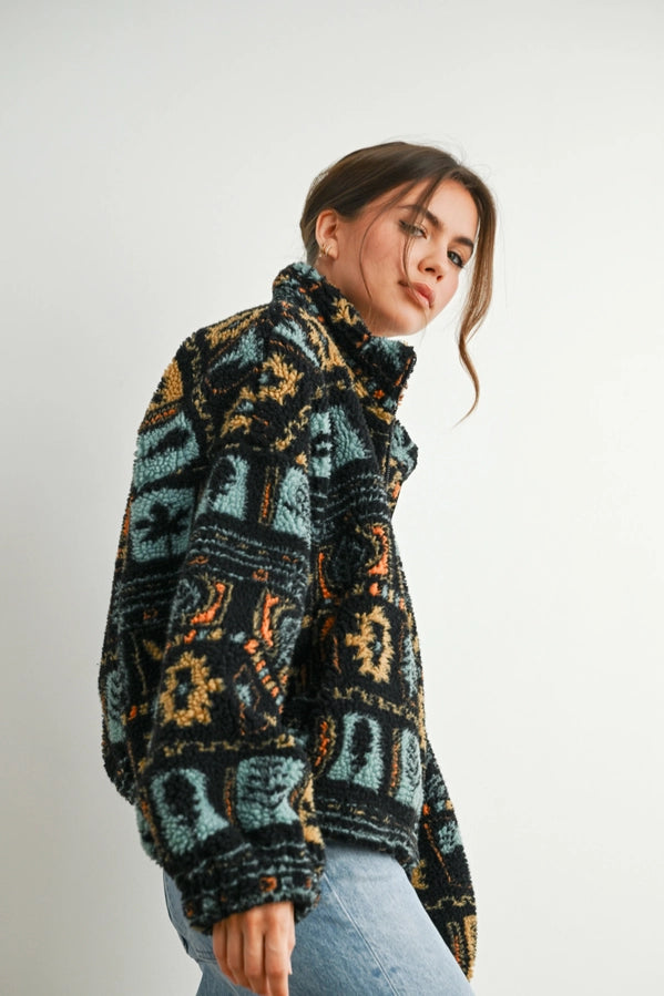 Zip-Up Polar Fleece Mock Neck Long Sleeve Jacket | Black Multi