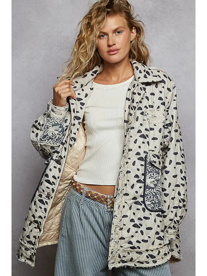 Long Sleeve Elbow Patch Overlaid Lace Quilted Woven Jacket | Oatmeal Multi