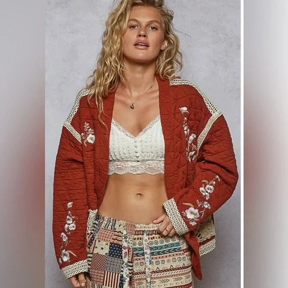Embroidery Quilted Knit Jacket | Brick