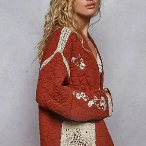 Embroidery Quilted Knit Jacket | Brick