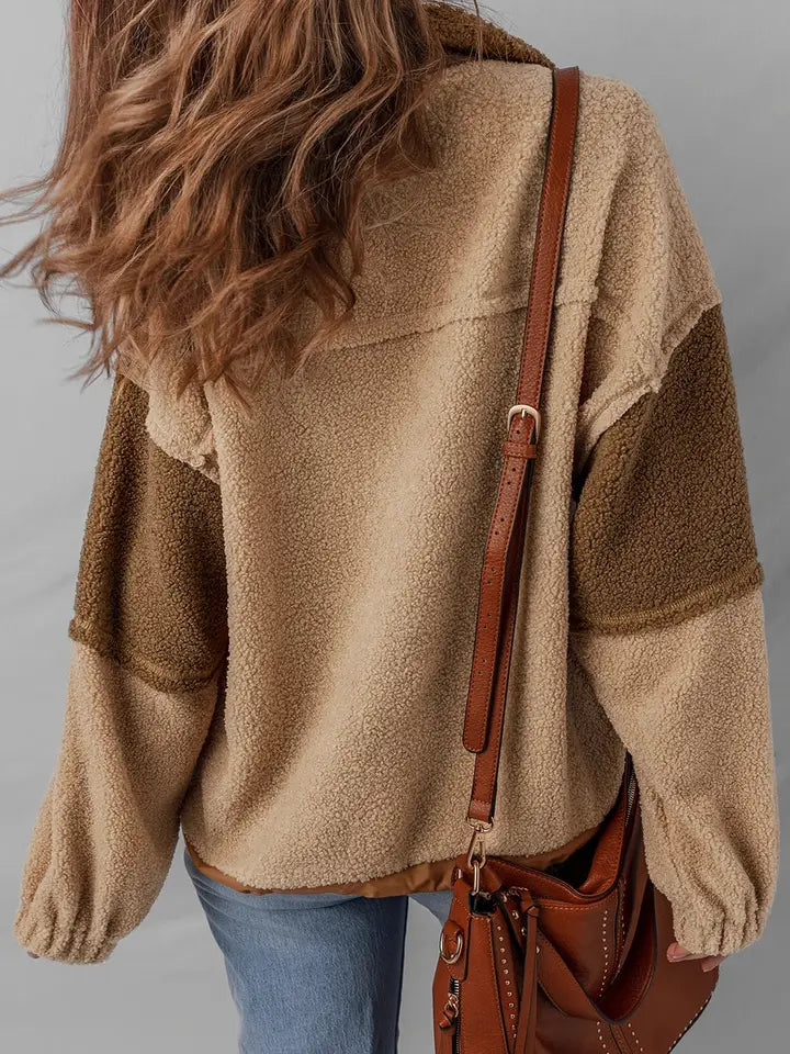 Straw Yellow 2-tone Color Block Patchwork Half Button Sherpa Sweatshirt